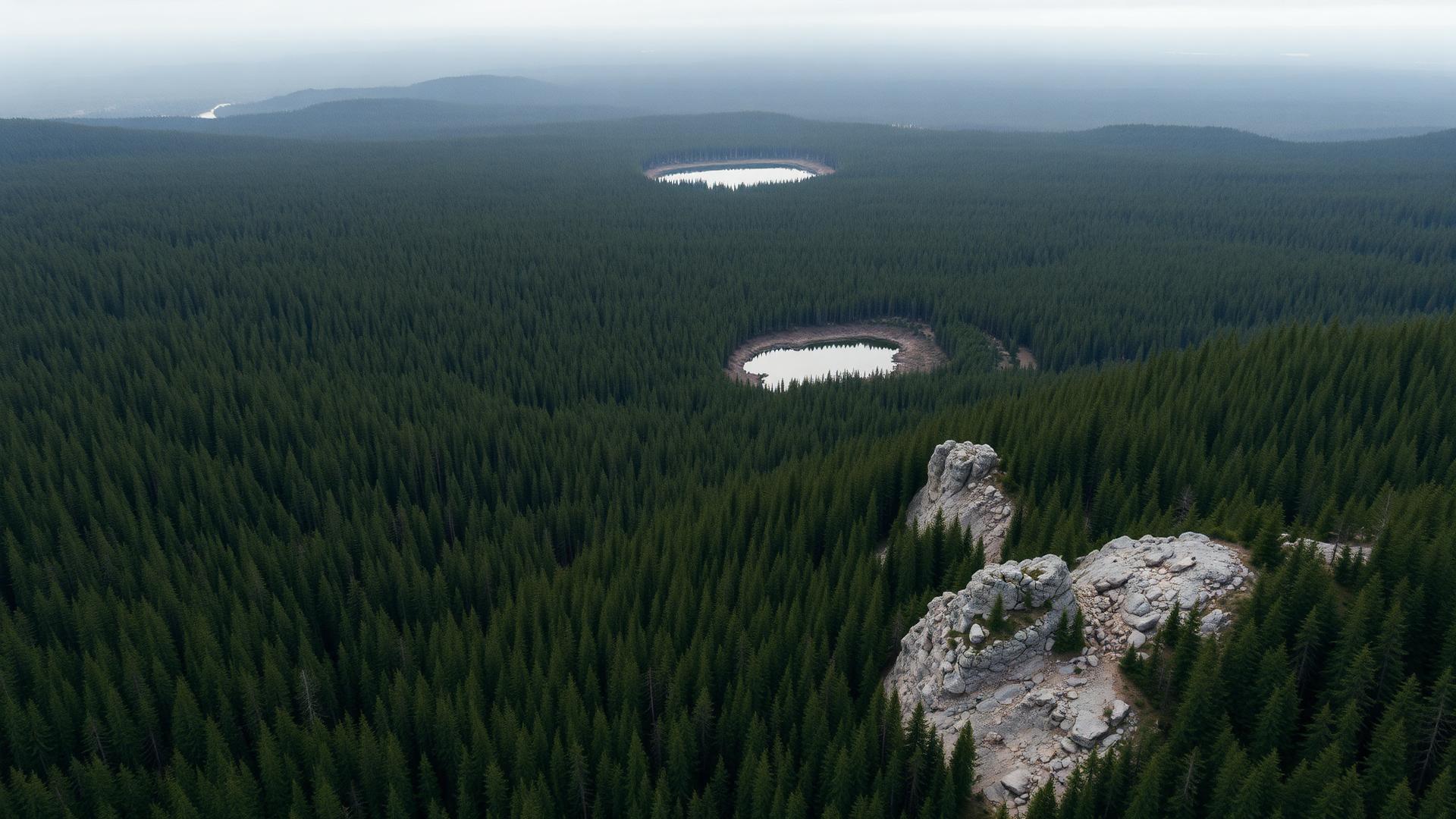 Aerial view of the Abitibi boreal forest and exposed Canadian Shield bedrock